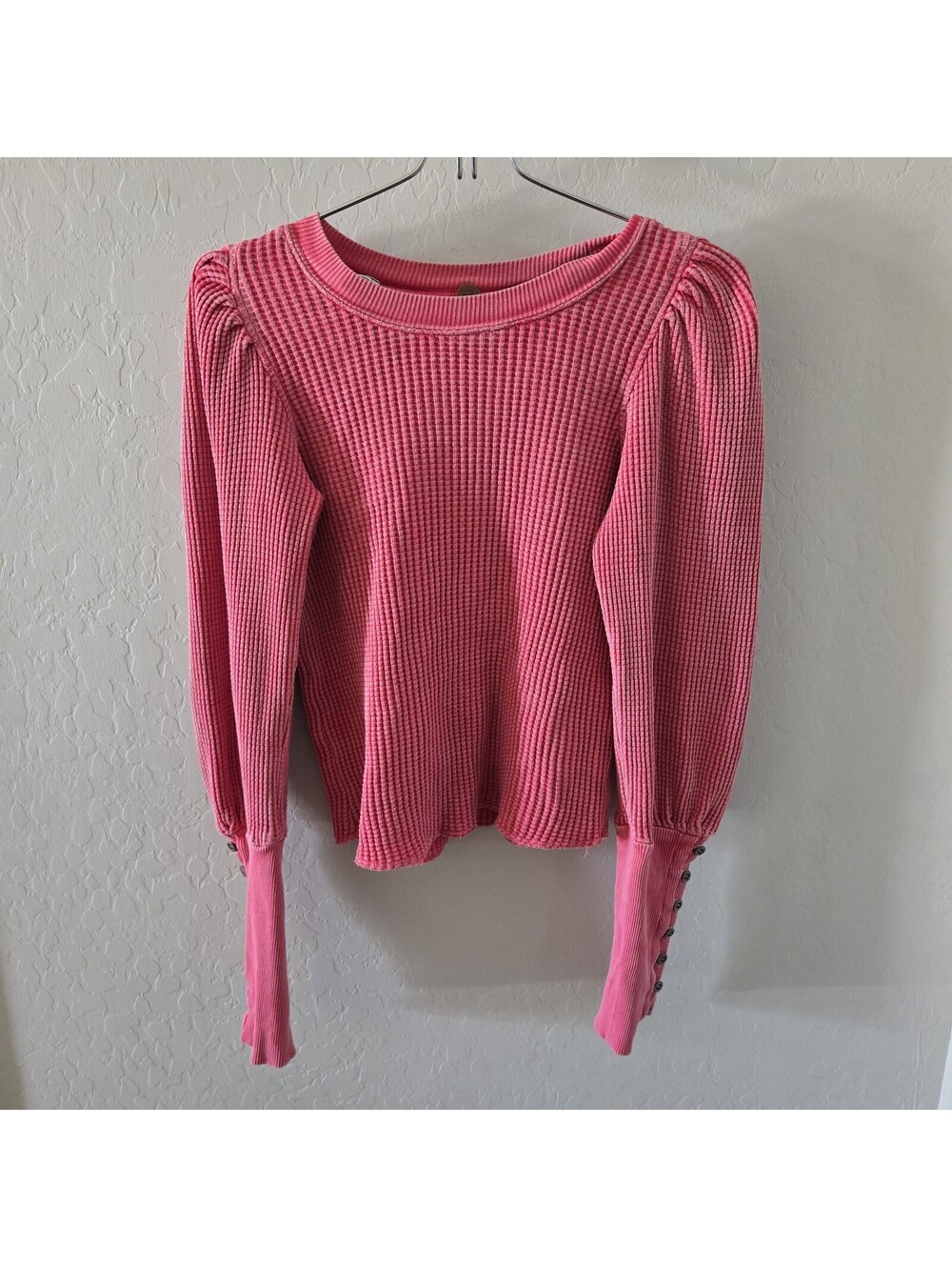 Free People FP One Wesley Pink Waffle Knit Thermal Puff Sleeve Top Boho Small